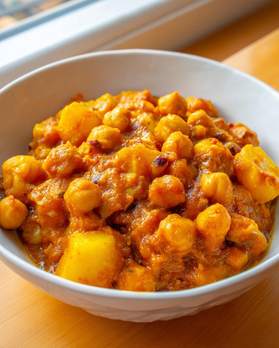 A close-up shot of a hearty chickpea and potato curry recipe served in a white bowl.