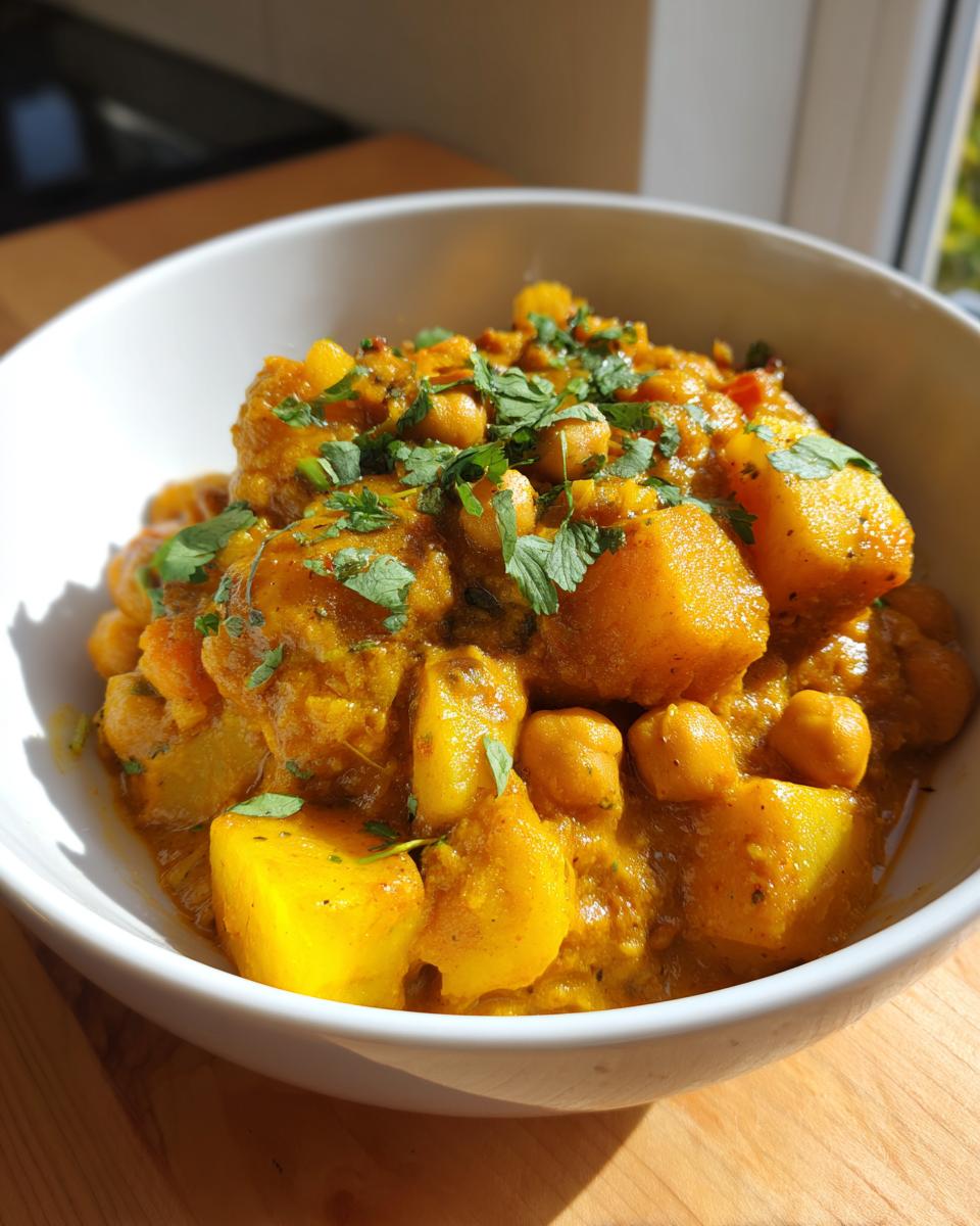 Close-up of a rich, yellow chickpea and potato curry recipe garnished with fresh cilantro in a white bowl.