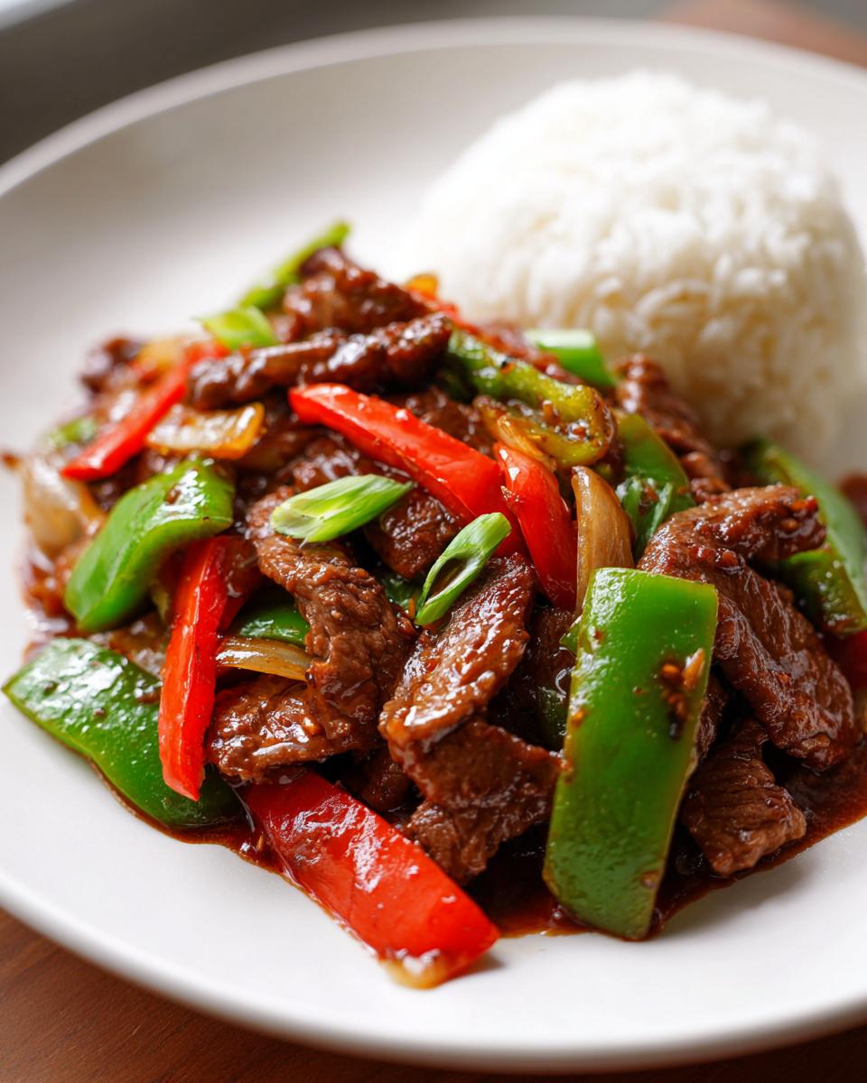 Close-up of flavorful Chinese pepper steak stir-fry with red and green peppers served next to a mound of white rice.