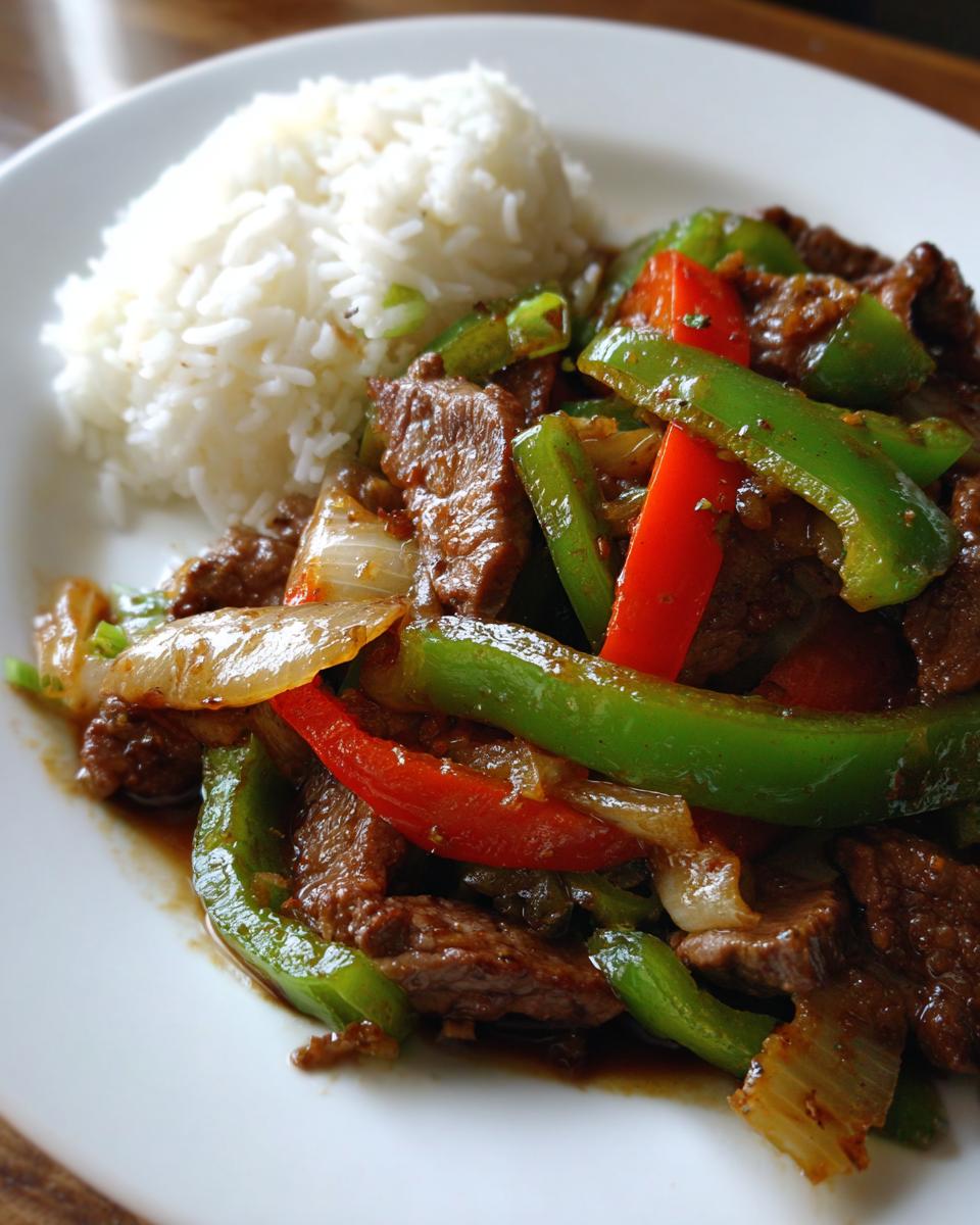 A close-up of Chinese pepper steak stir-fry with vibrant green and red bell peppers served next to a mound of white rice.