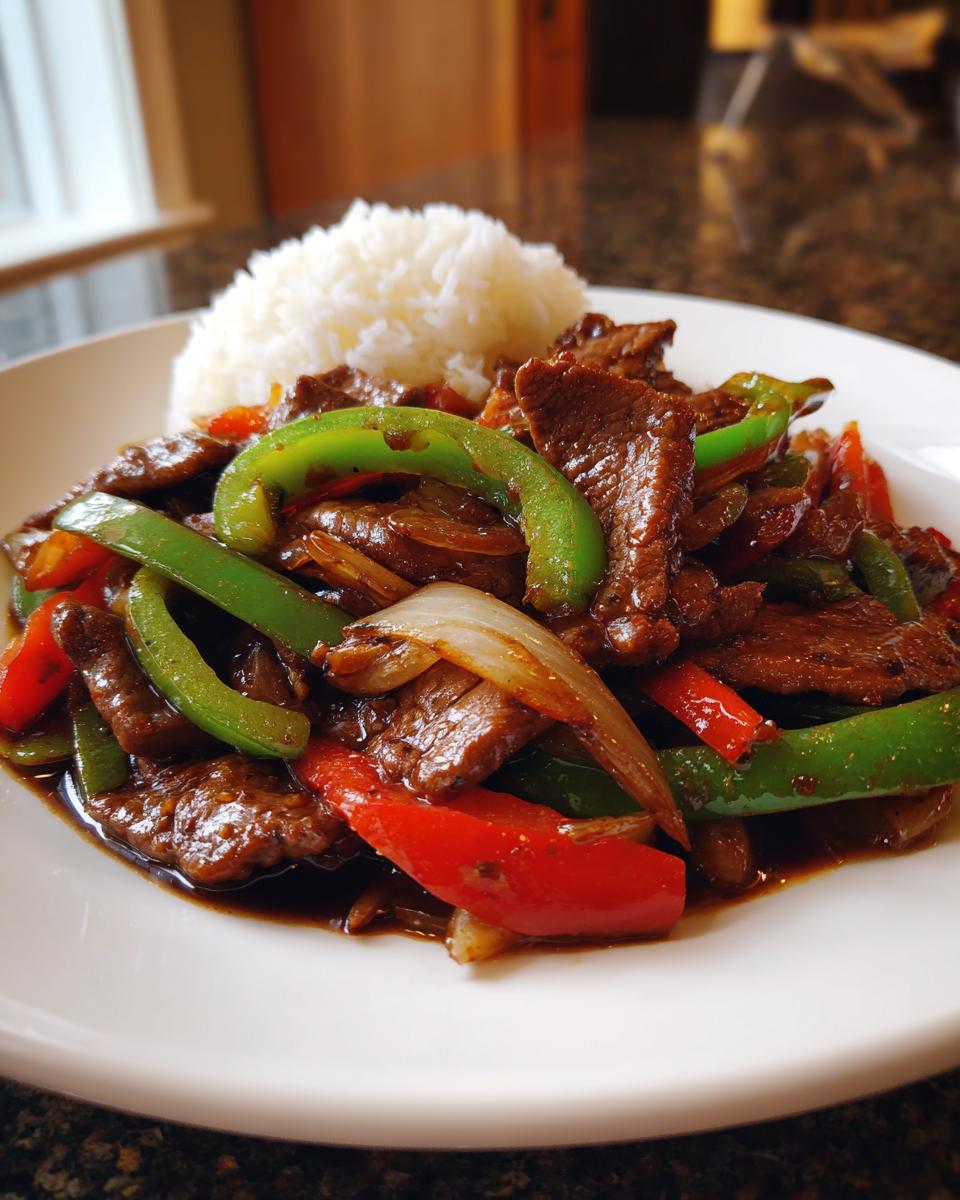 A plate of glossy Chinese pepper steak stir-fry with green peppers, red peppers, onions, and a side of white rice.