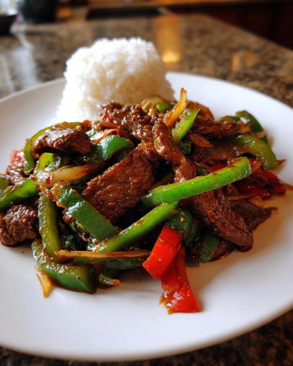 A plate of vibrant Chinese pepper steak stir-fry with green and red bell peppers served next to a mound of steamed white rice.