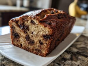 A freshly baked loaf of chocolate chip banana bread with a dark, caramelized crust, resting on a white platter.