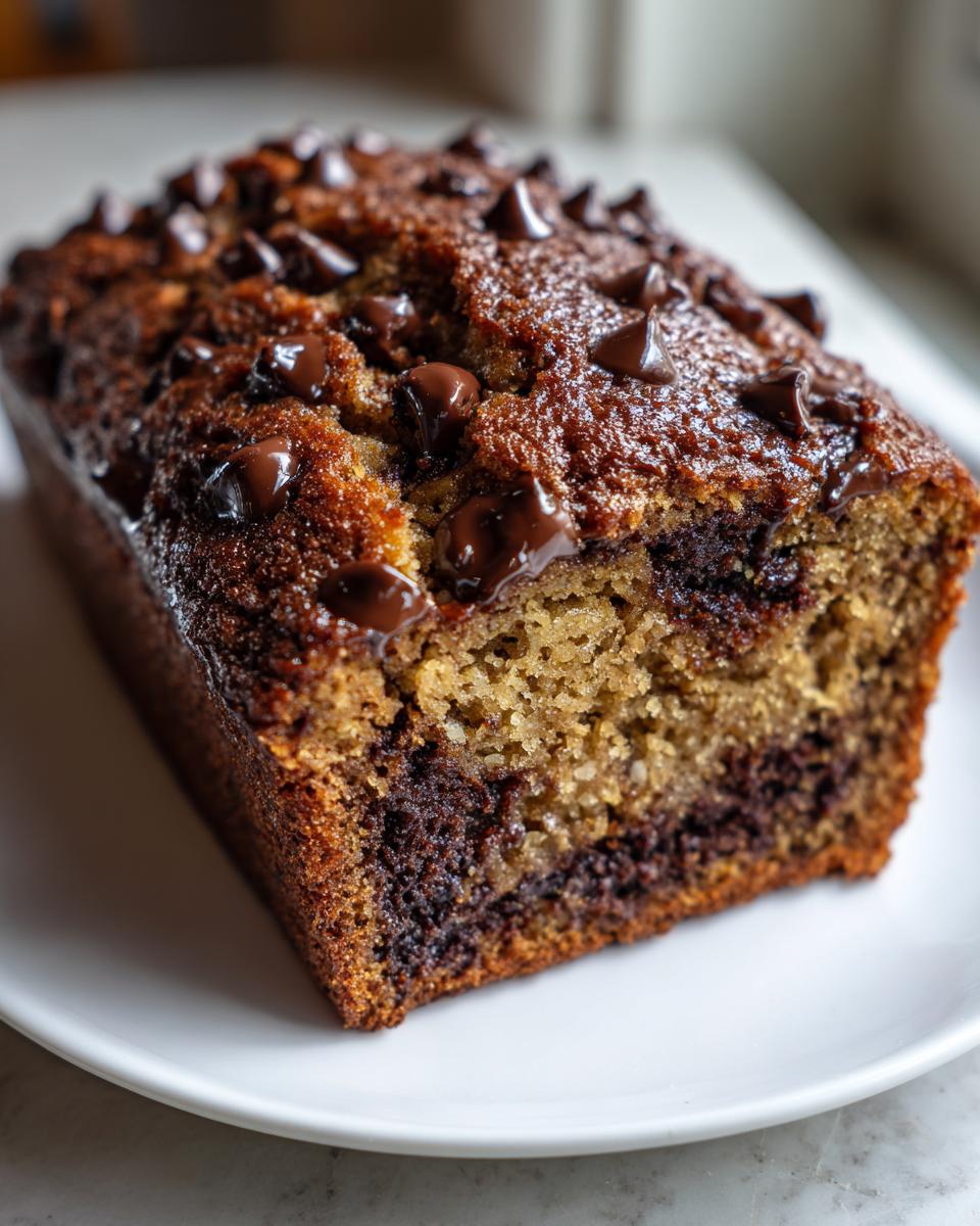 A close-up of a freshly baked chocolate chip banana bread recipe loaf, showing the moist crumb and melted chocolate chips on top.