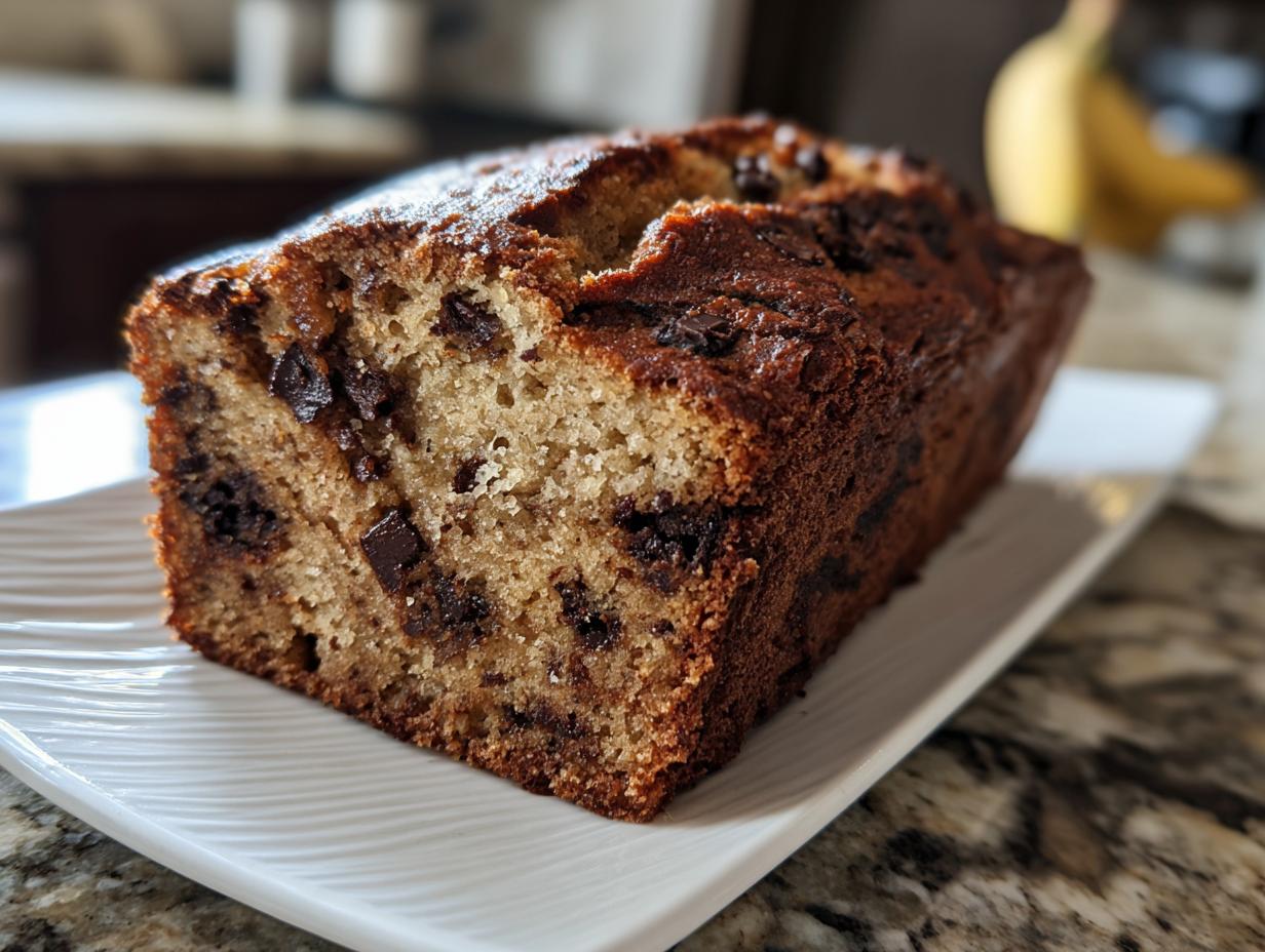 A freshly baked loaf of chocolate chip banana bread with a dark, caramelized crust, resting on a white platter.