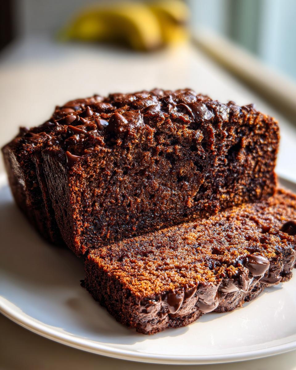 Close-up of a rich, dark chocolate chip banana bread recipe loaf, partially sliced on a white plate.
