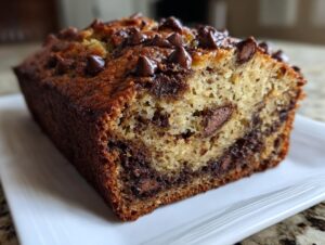 Close-up of a freshly baked chocolate chip banana bread recipe loaf with a golden crust and melted chocolate chips.