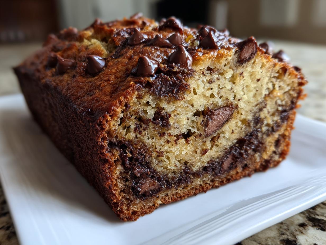 Close-up of a freshly baked chocolate chip banana bread recipe loaf with a golden crust and melted chocolate chips.
