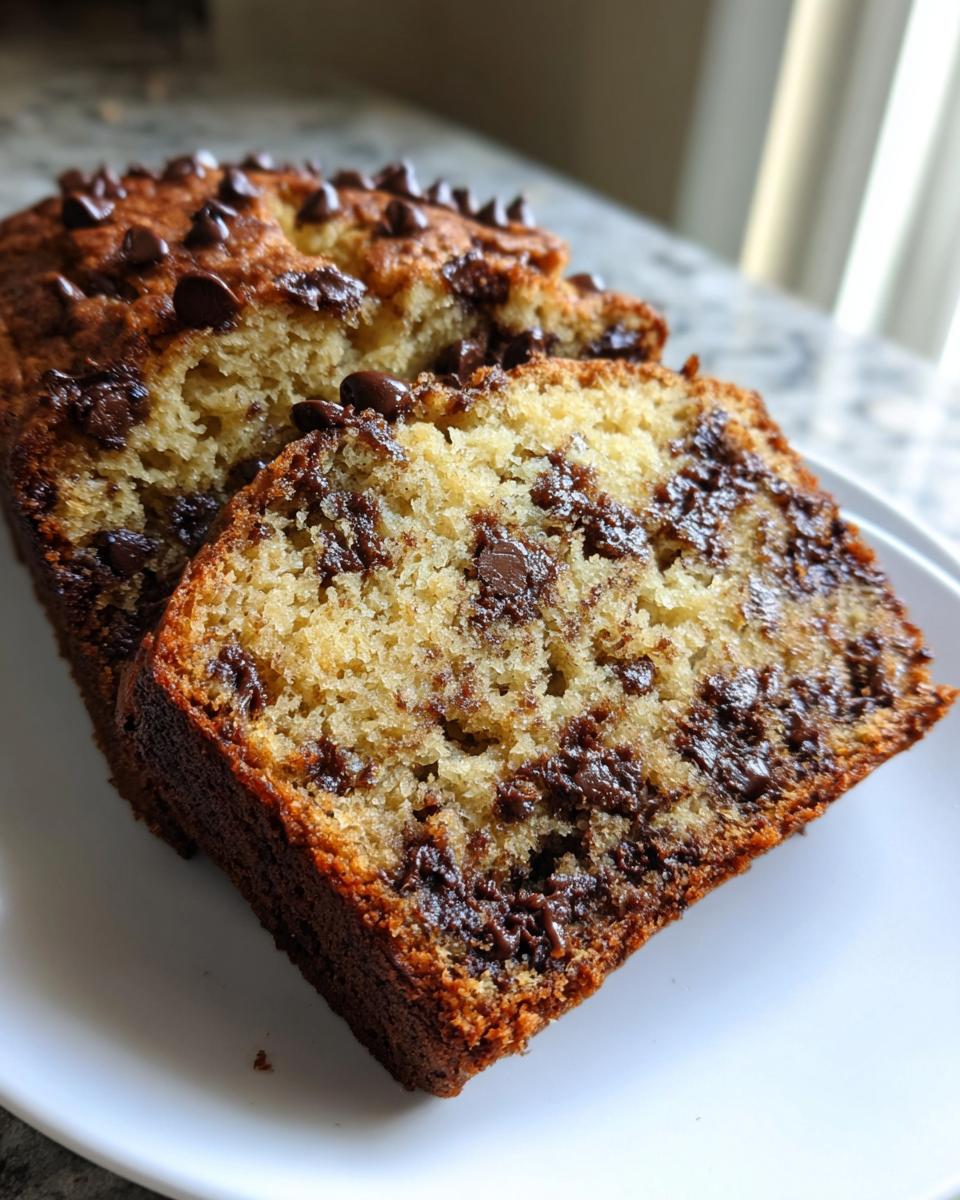 Two thick slices cut from a moist chocolate chip banana bread recipe loaf, showing melted chocolate chunks.