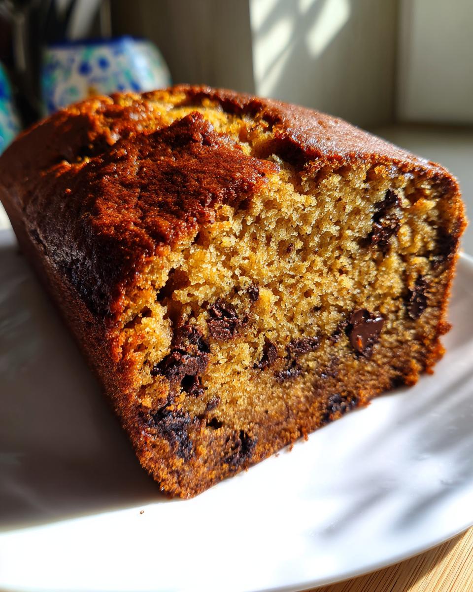 A moist slice of chocolate chip banana bread showing a rich, golden crumb and melted chocolate chunks.