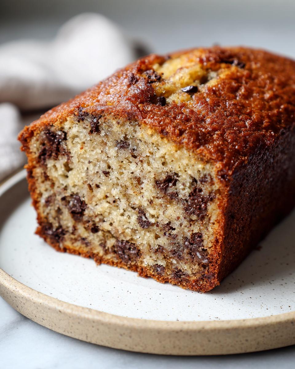 A moist slice of chocolate chip banana bread showing the dense crumb texture and dark chocolate chunks.