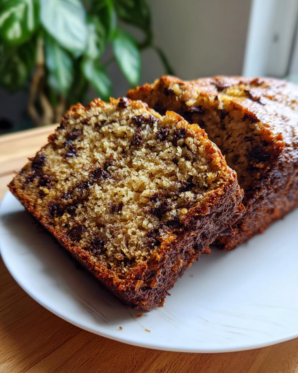 Close-up of two thick slices of moist chocolate chip banana bread resting on a white plate.
