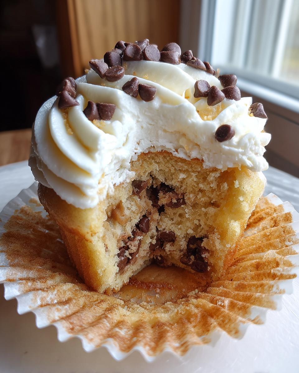 Close-up of a chocolate chip cookie dough cupcakes with a bite taken out, showing the vanilla frosting and chocolate chips inside.