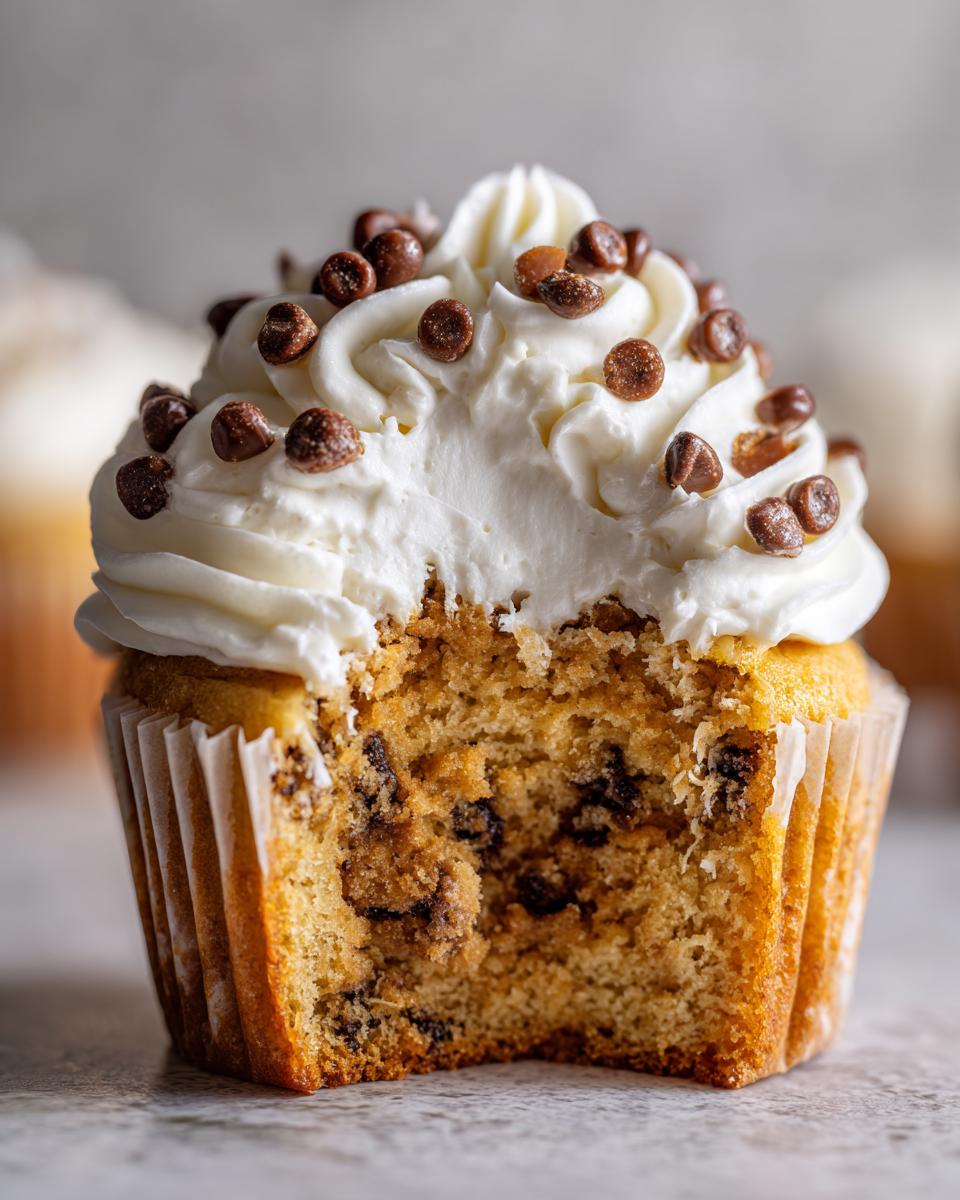 Close-up of a chocolate chip cookie dough cupcake with a bite taken out, topped with white frosting and mini chocolate chips.