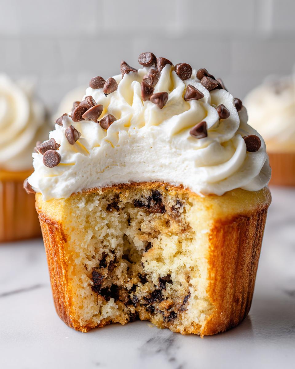 Close-up of a chocolate chip cookie dough cupcake with a bite taken out, showing the moist interior and topped with white frosting and mini chips.