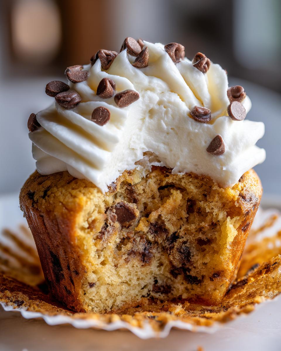 Close-up of a bitten chocolate chip cookie dough cupcake topped with vanilla frosting and mini chocolate chips.