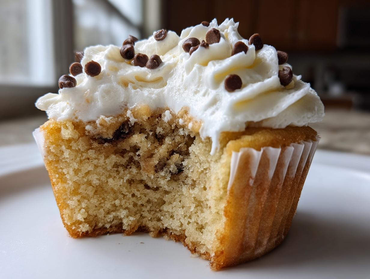 Close-up of a chocolate chip cookie dough cupcake with a bite taken out, showing the cake texture, frosting, and mini chips.