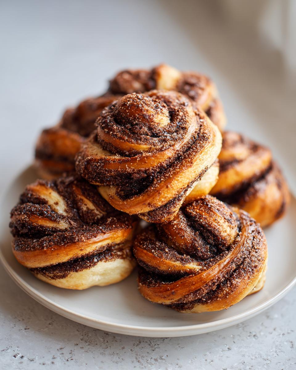 A stack of freshly baked chocolate cinnamon crunch knots, heavily coated in a sugary cinnamon mixture, resting on a light gray plate.
