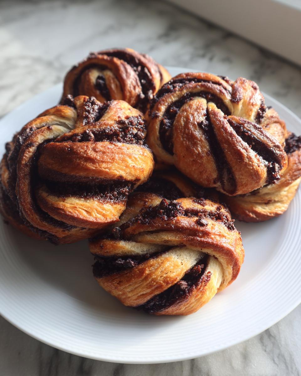 A close-up of four freshly baked chocolate cinnamon crunch knots arranged on a white plate.