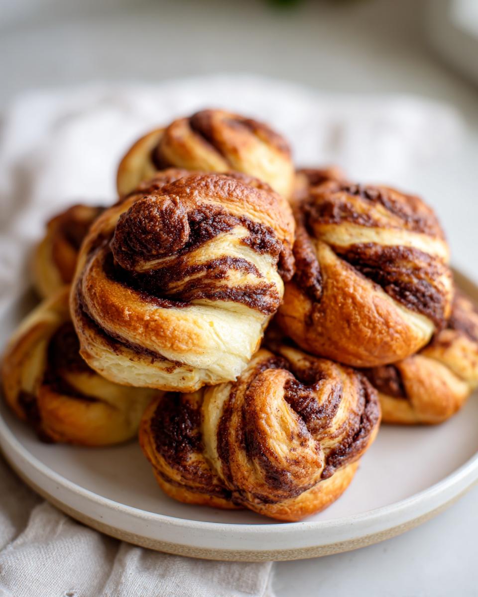 A stack of freshly baked chocolate cinnamon crunch knots with golden brown, flaky layers on a white plate.