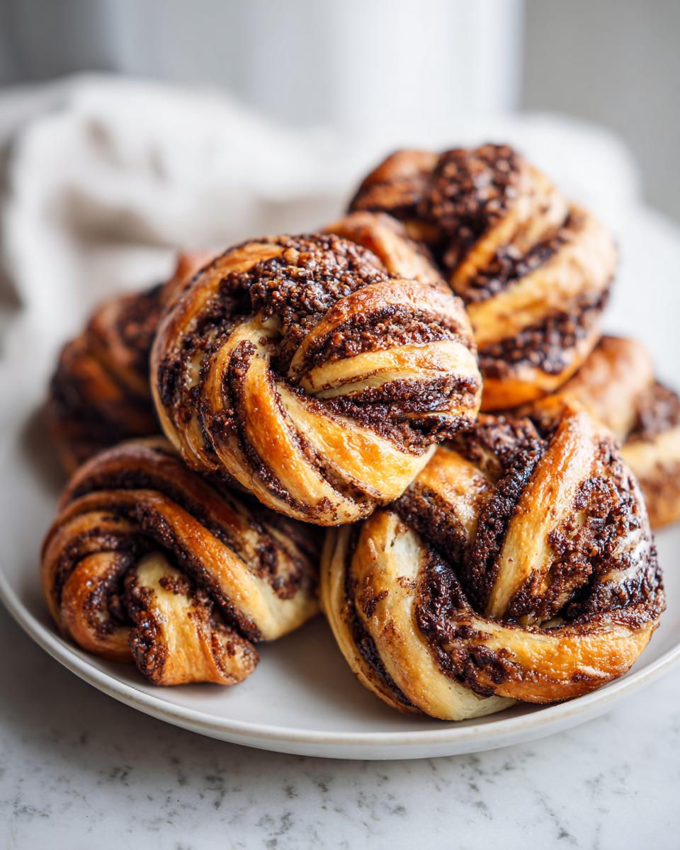 Close-up of several golden-brown chocolate cinnamon crunch knots piled on a white plate.