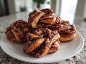 A stack of freshly baked chocolate cinnamon crunch knots covered in a sugary, crunchy topping, served on a white plate.