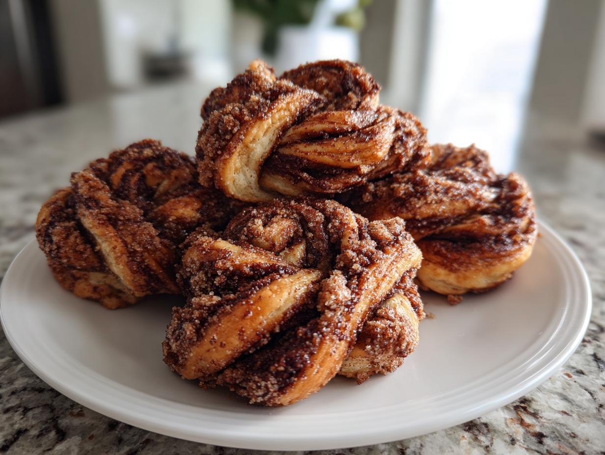 A stack of freshly baked chocolate cinnamon crunch knots covered in a sugary, crunchy topping, served on a white plate.