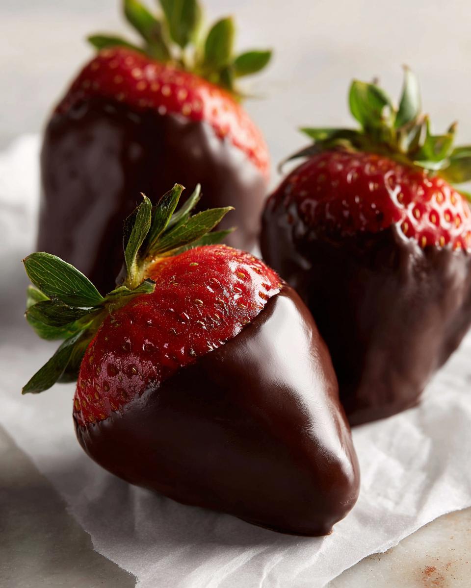 Three fresh, glossy chocolate covered strawberries resting on white parchment paper.