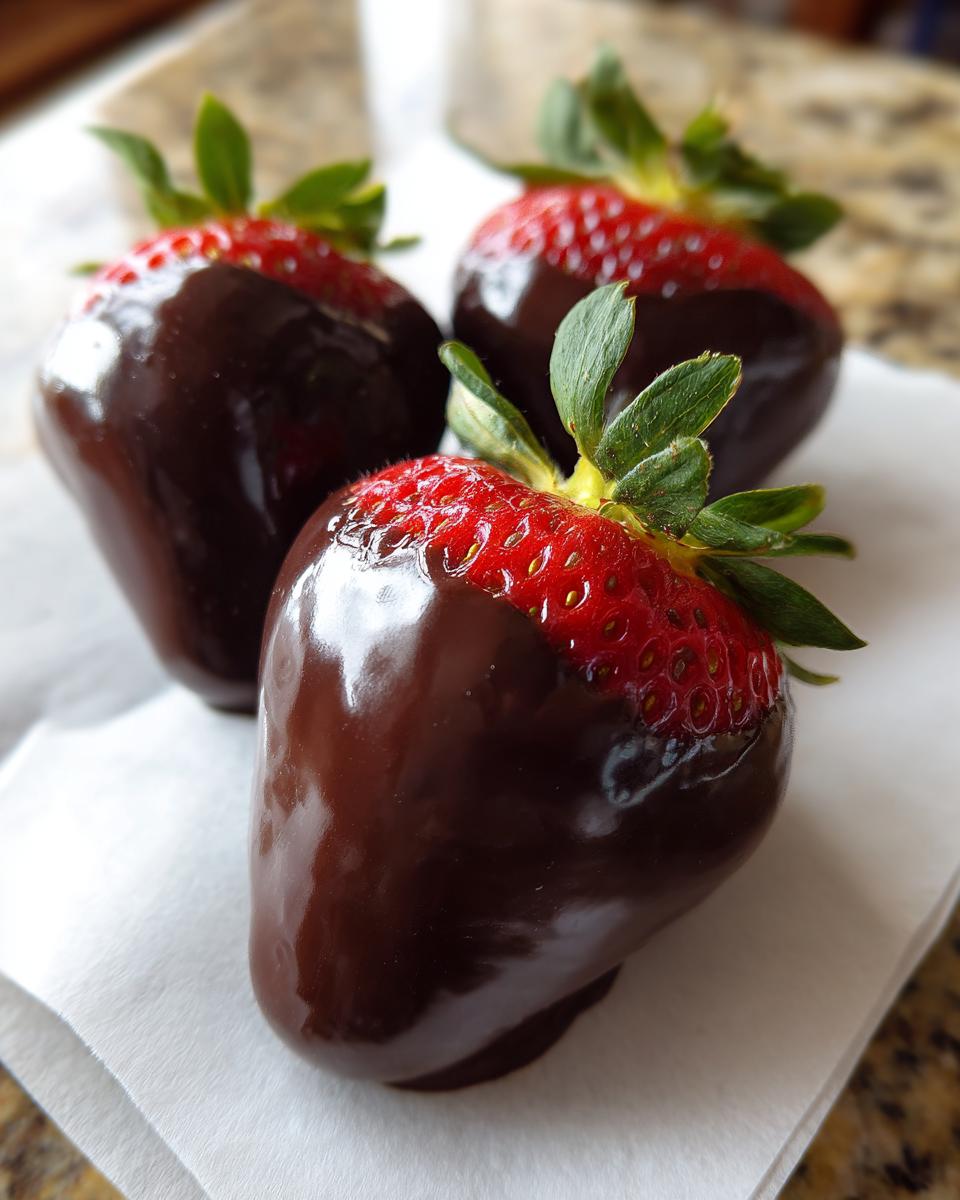 Three glossy chocolate covered strawberries resting on white parchment paper, showcasing the rich dark chocolate coating.