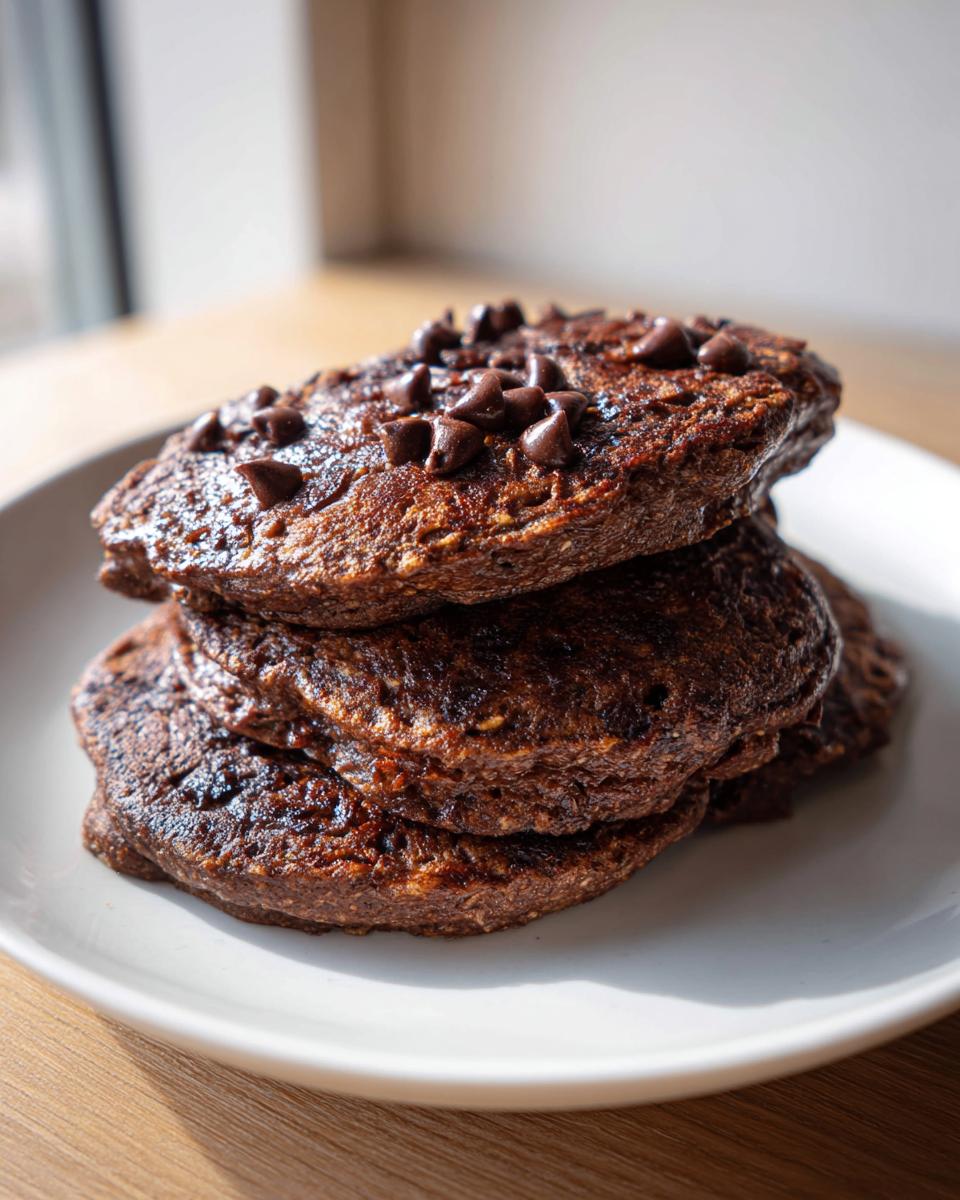 A tall stack of dark, rich chocolate oat pancakes topped with chocolate chips, sitting on a white plate.