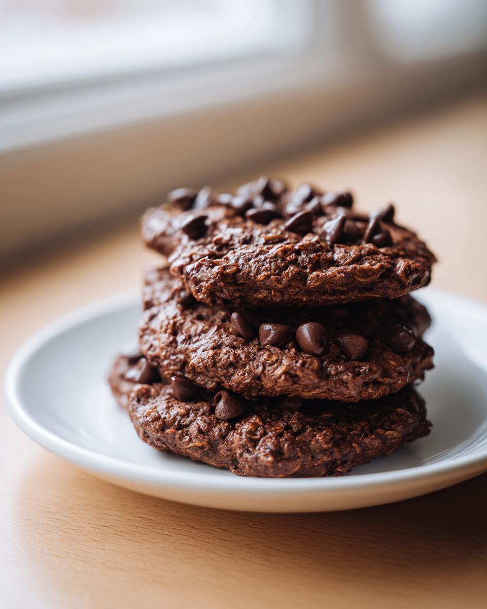 A stack of three rich, dark chocolate oat pancakes topped generously with chocolate chips, served on a white plate.