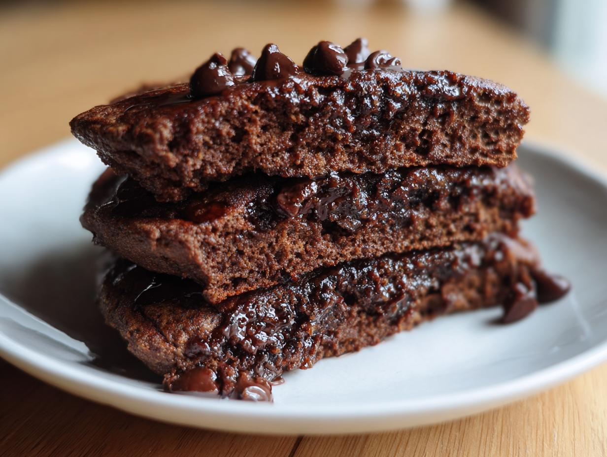 Close-up of a stack of three moist chocolate oat pancakes drizzled with syrup and topped with chocolate chips.