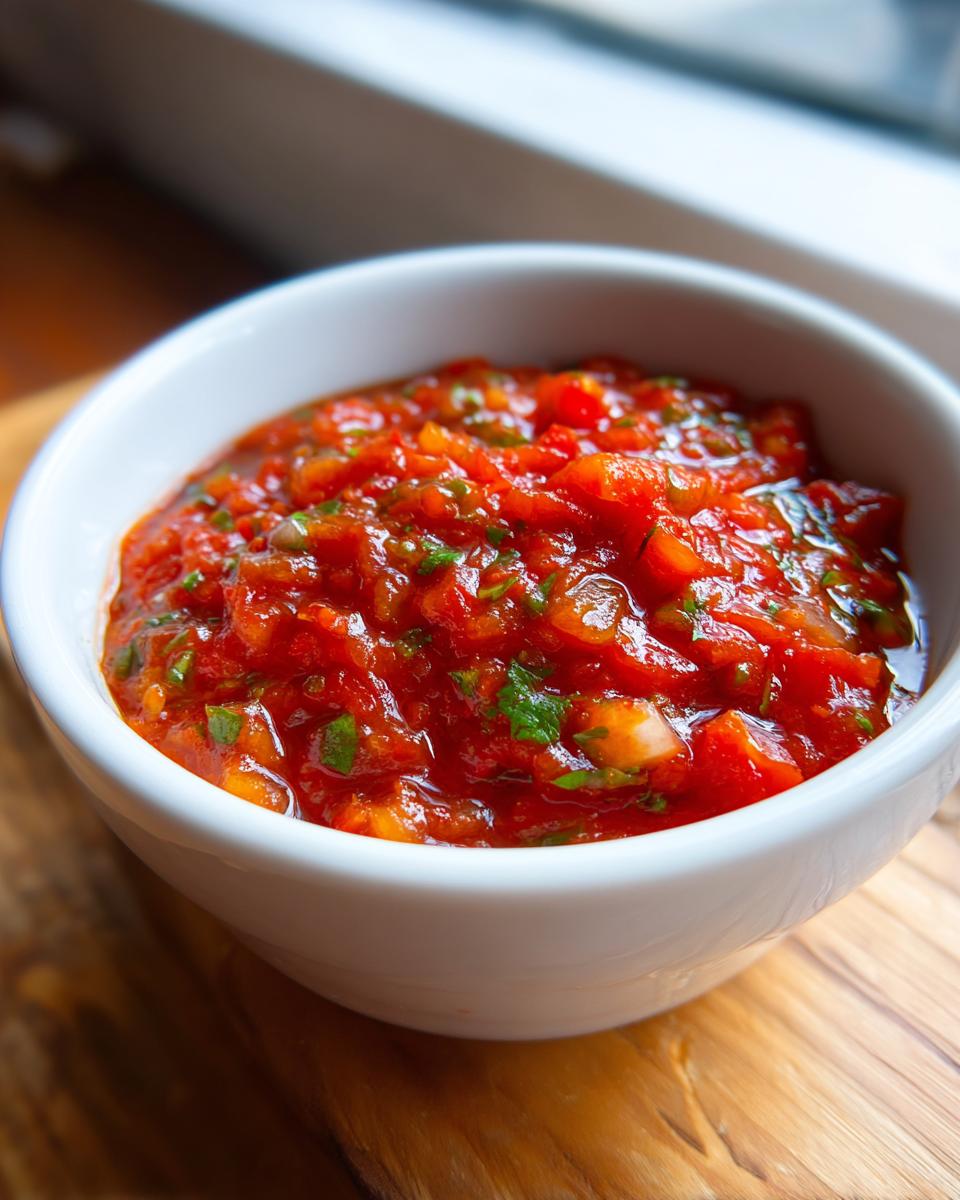 Close-up of a white bowl filled with chunky, vibrant red homemade salsa recipe, garnished with green herbs.