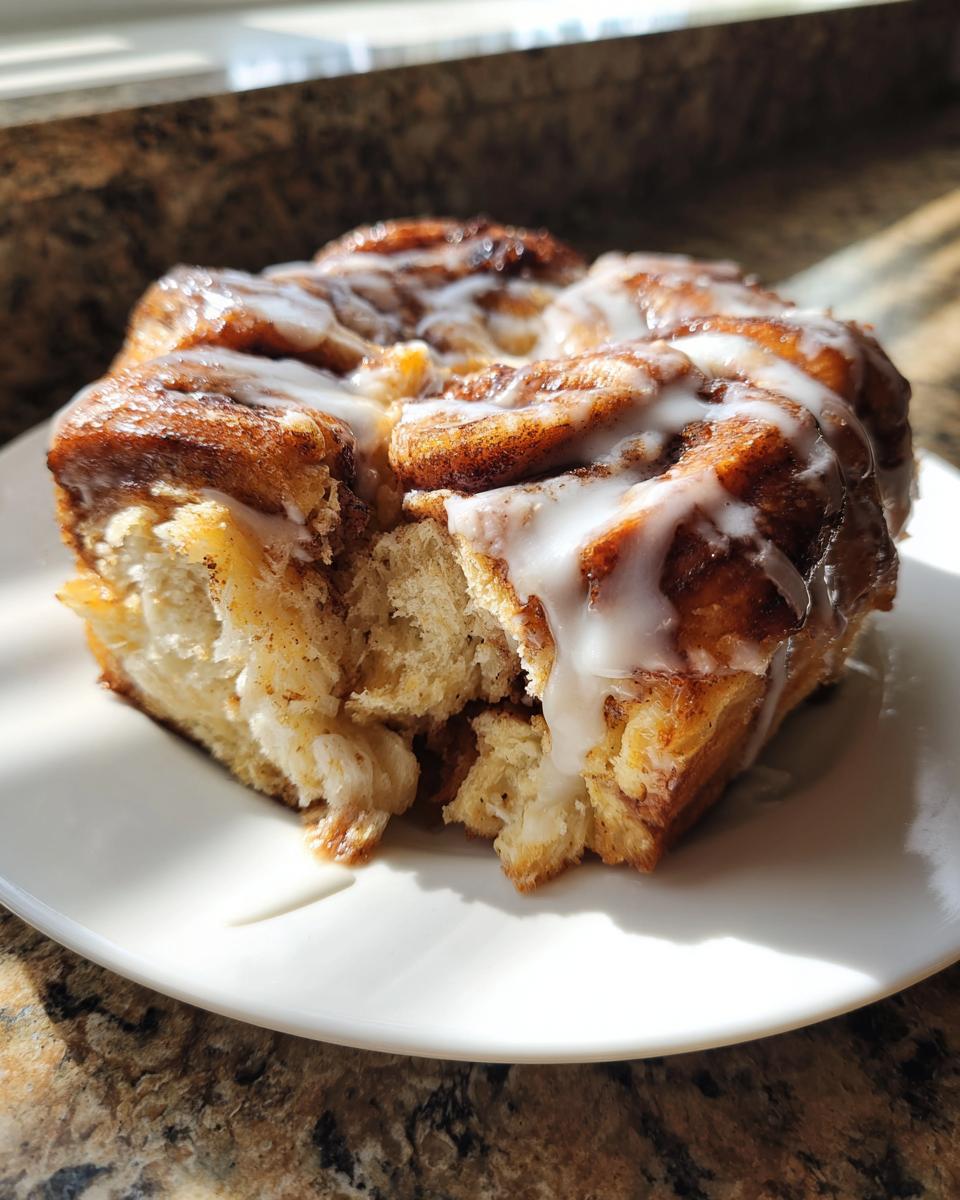 A close-up of several bites of cinnamon roll french toast, drizzled heavily with white icing, sitting on a white plate.