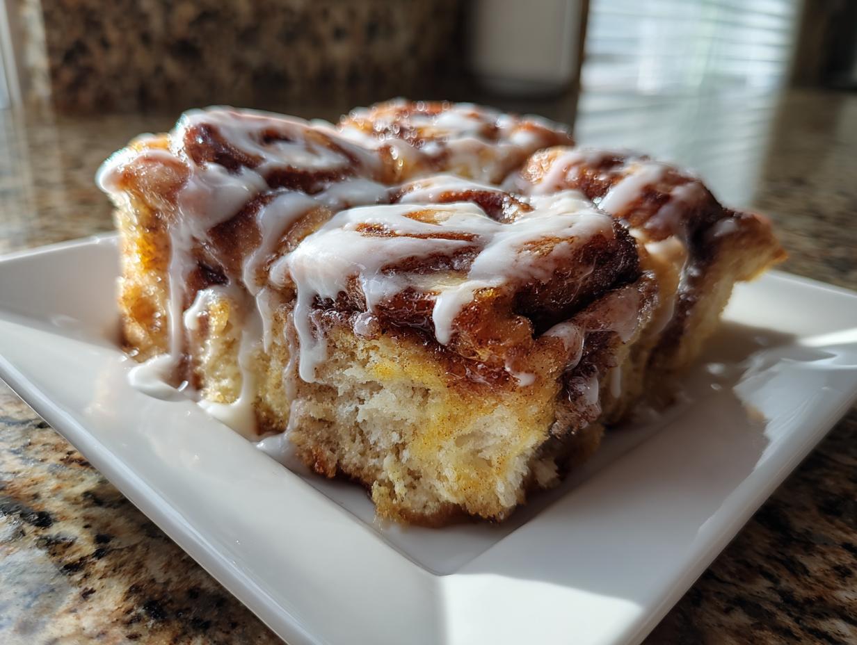 A close-up of rich cinnamon roll french toast squares drizzled with white icing on a white plate.