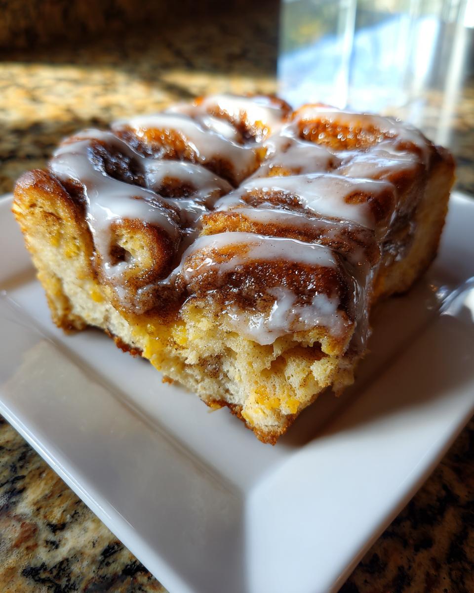 A close-up of a serving of cinnamon roll french toast topped with thick white icing.