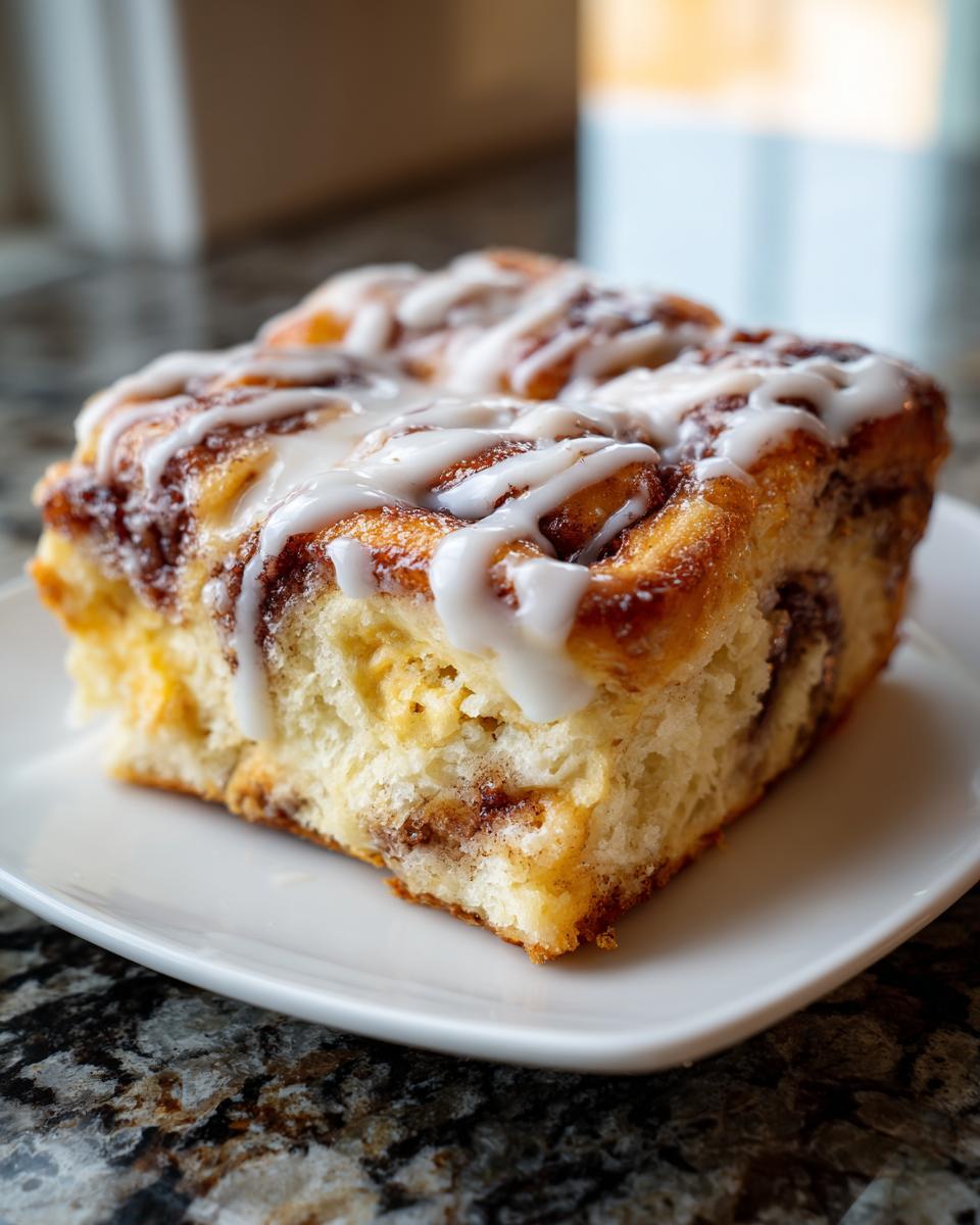 A square serving of fluffy cinnamon roll french toast drizzled generously with white icing.