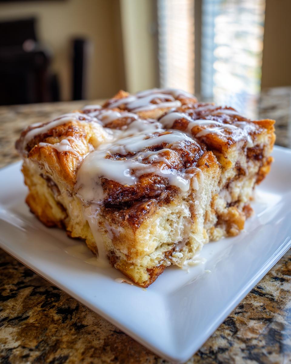 Close-up of baked cinnamon roll french toast pieces drizzled generously with white icing on a square white plate.
