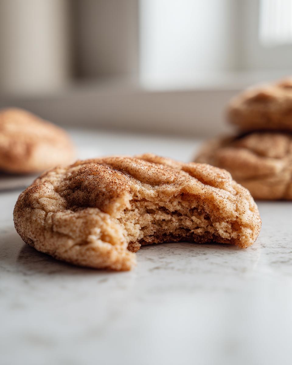 A close-up of a soft, chewy cinnamon toast crunch cookie with a bite missing, showing the texture inside.
