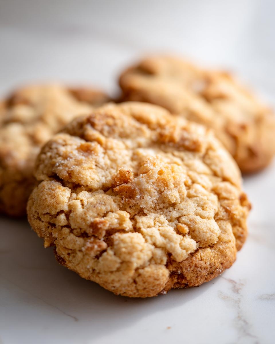 A close-up, shallow depth of field photo of freshly baked cinnamon toast crunch cookies dusted with sugar.