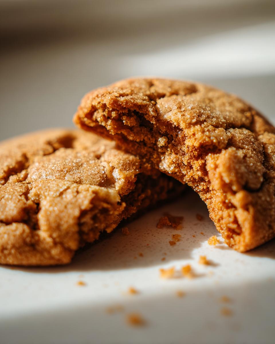 Close-up of a cinnamon toast crunch cookie broken in half, showing a soft, chewy interior dusted with sugar.