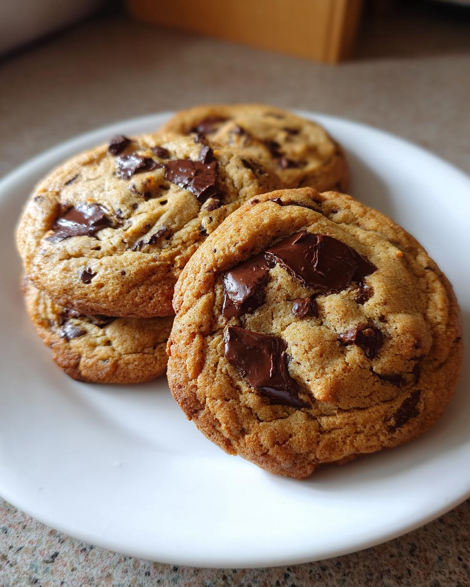 Close-up of three freshly baked classic chocolate chip cookies stacked on a white plate with gooey, melted chocolate chunks.