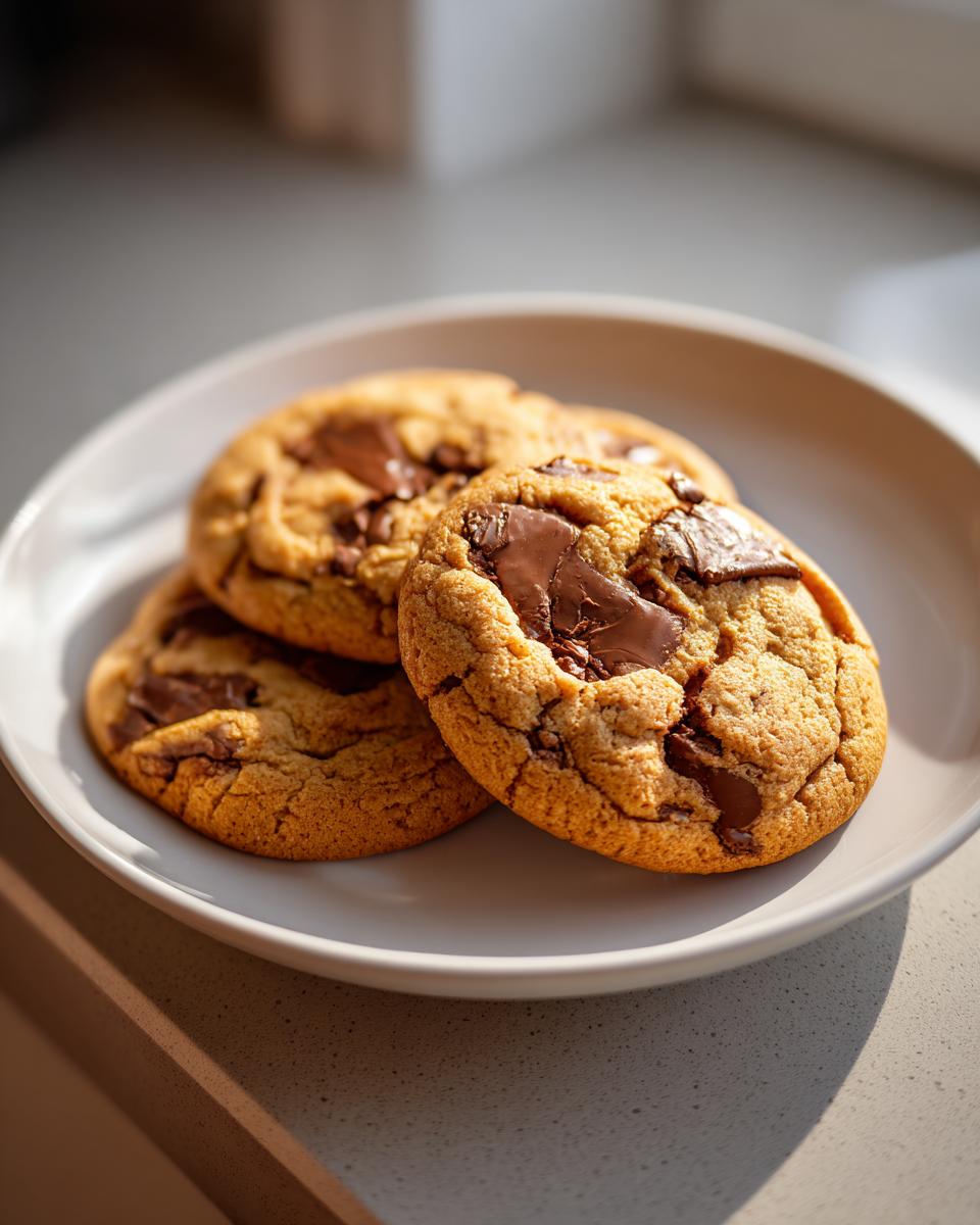 Three gooey classic chocolate chip cookies with melted chocolate chunks piled on a white plate.