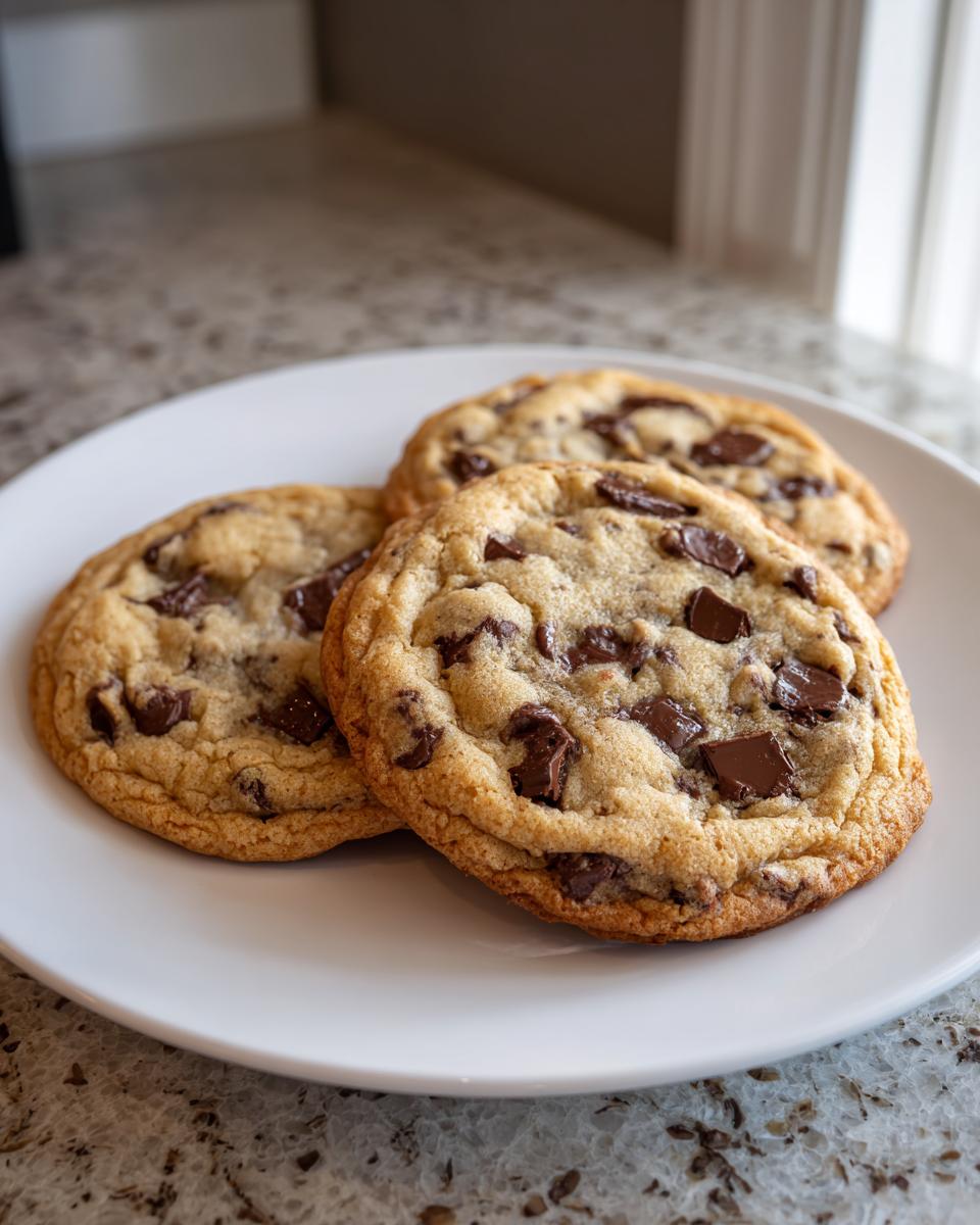 Three perfectly baked classic chocolate chip cookies piled on a white plate, featuring melted chocolate chunks.