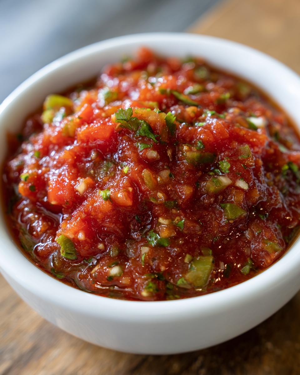 A close-up, vibrant shot of chunky homemade salsa recipe featuring diced tomatoes, green peppers, and cilantro in a white serving bowl.