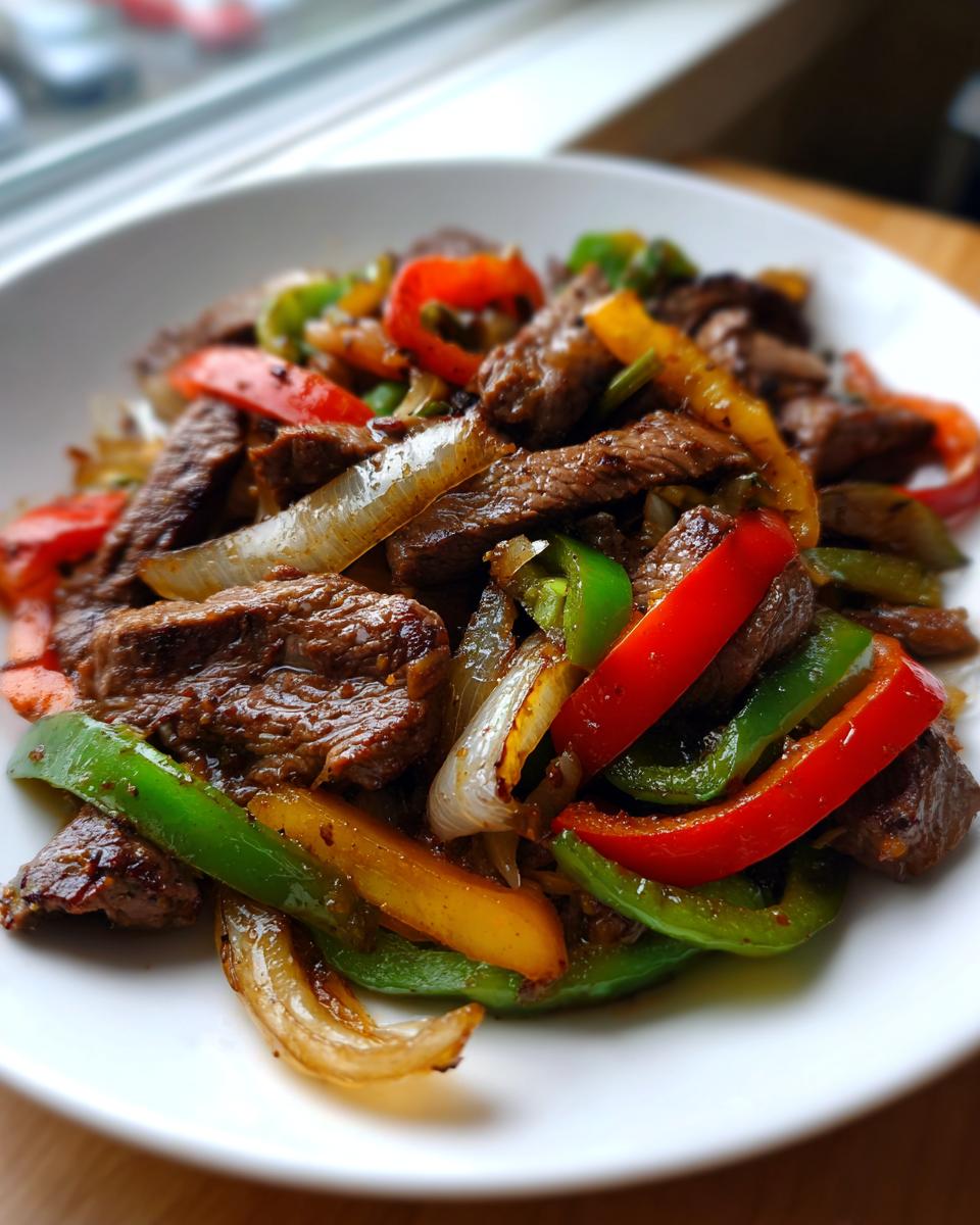 Close-up of perfectly cooked steak fajita strips mixed with vibrant red, green, and yellow bell peppers and onions.