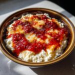 Close-up of a baked cottage cheese pizza bowl topped with melted cheese and bright red pizza sauce.