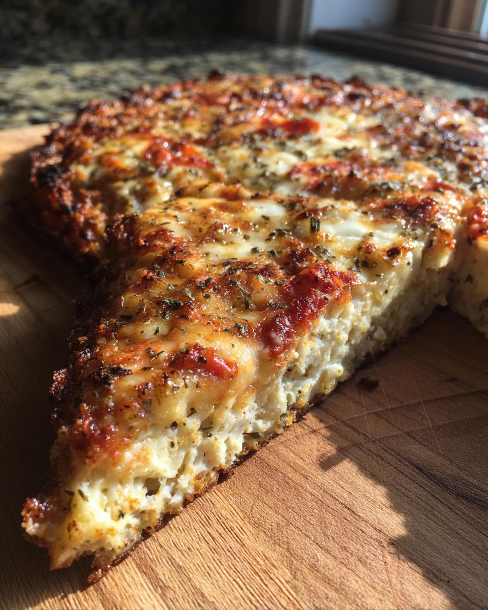 A thick slice cut from a baked pizza featuring a fluffy cottage cheese pizza crust topped with melted cheese and herbs.