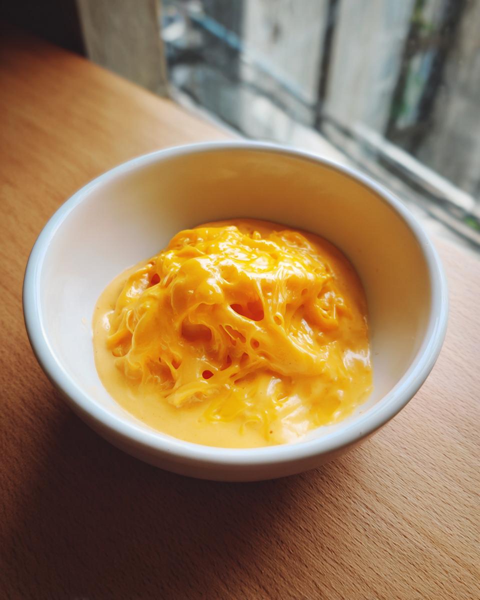 A close-up of bright orange-yellow cottage cheese queso, showing its melted, stringy texture, served in a small white bowl.