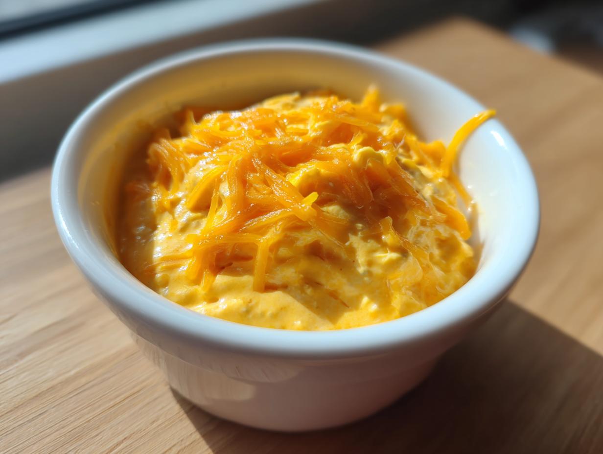 A white bowl filled with creamy orange cottage cheese queso topped with shredded cheddar cheese.